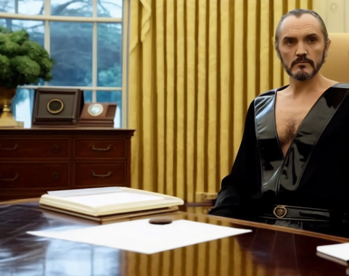 <lora:Zod - Superman II - Trigger words are Zod Person:1> zod person sitting in the oval office of the white house with hi...